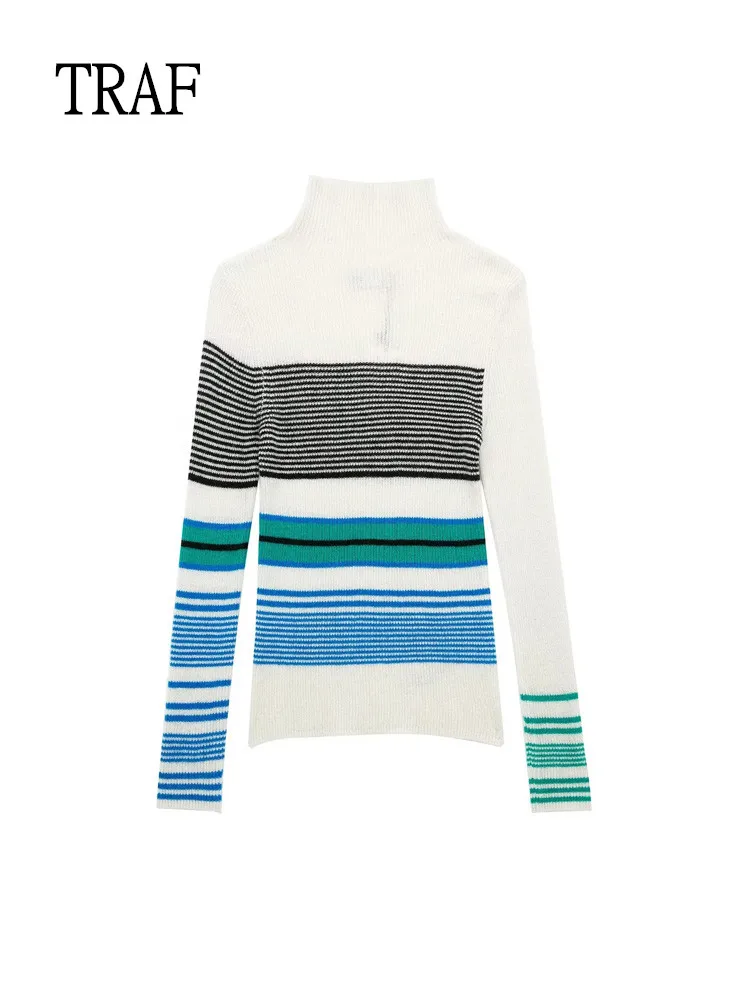 

Пуловер женский в полоску с воротником-стойкой и длинным рукавом