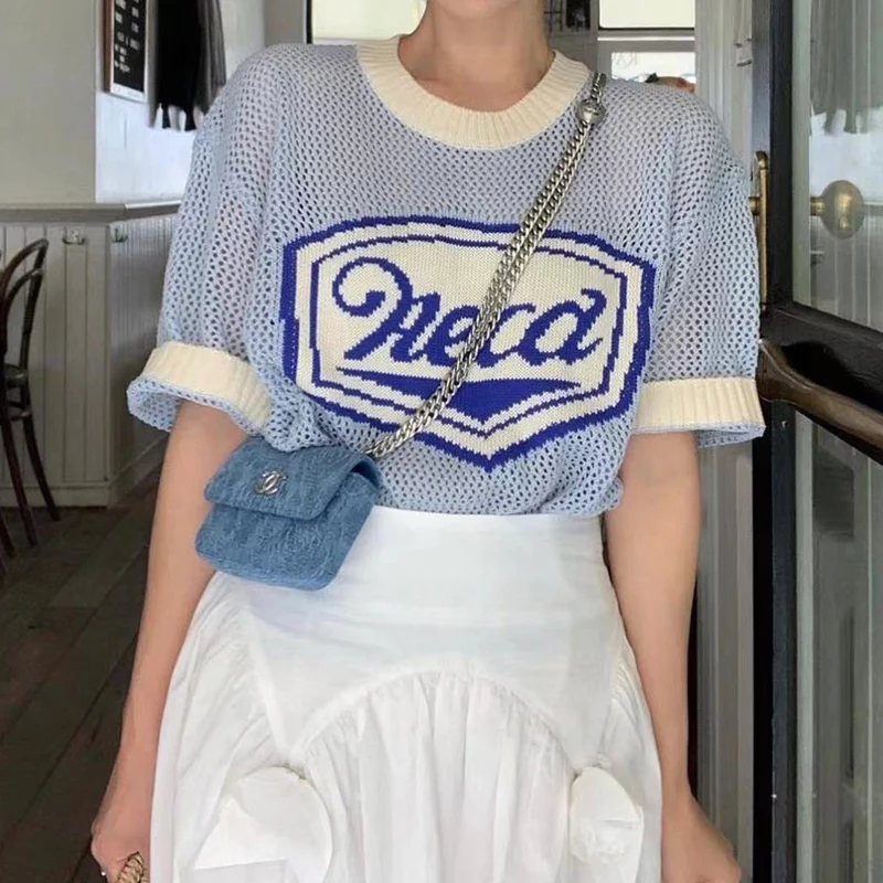 

HOUZHOU Letter Print Crochet Top Women Korean Dongdaemun 2023 Summer Knit T-shirt Contrast Hollow Short Sleeve Tee Knitwears