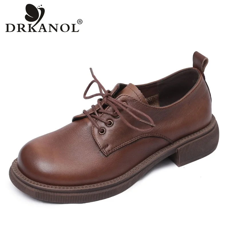 

DRKAN Spring Genuine Leather Flat Shoes Women Shallow Round Toe Lace-up Low Heel Retro Soft Rubber Se Casual Shoes Female