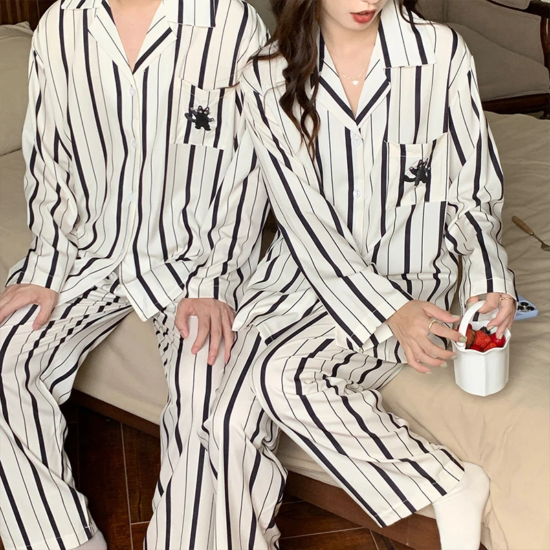 CAIYIER 2022 Korean Couple Pajamas Set Cartoon Stripe Dog Sleepwear For Men & Women Nightwear Autumn Winter Lovers Loungewear