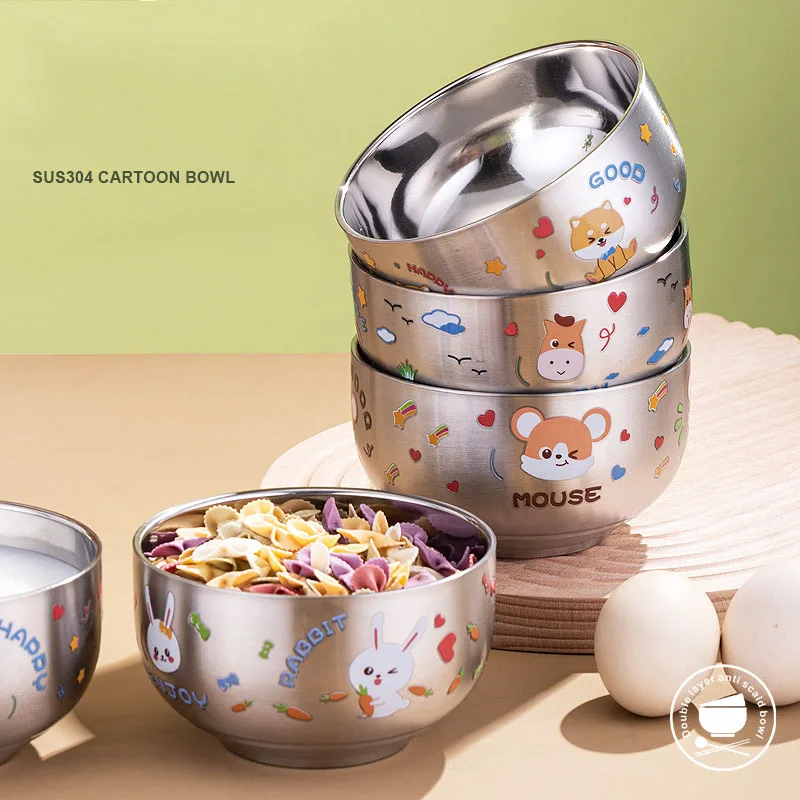 

Double Layer 304 Stainless Steel Bowl Cartoon Anti-Rust Bowl Cute Animal Fruit Vegetable Container Bowls for Home Kitchen Office