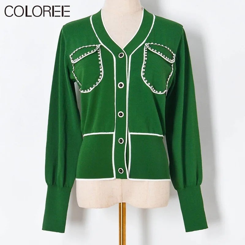 

Spring Vintage Crystal Beading Pockets Tops for Women 2022 Elegant V-neck Long Sleeve Knitted Cardigan Mujer Casual Sweater