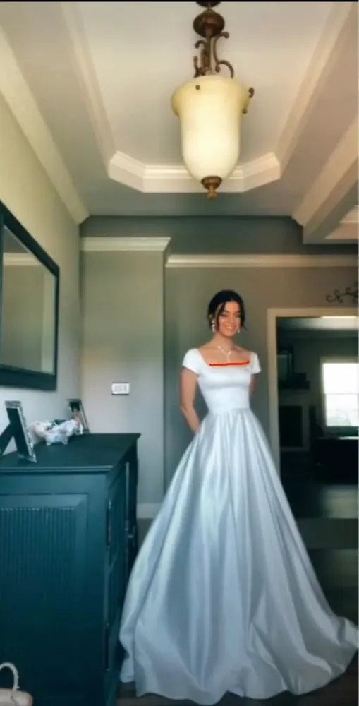 

Verngo Simple A Line Satin Wedding Dresses Square Neck Cap Sleeves V Neck Floor Length Bridal Gowns White Formal Dress