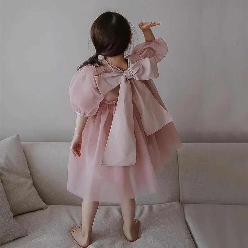 

2023 Summer Korean Net Red French Princess Skirt Back Bow Girl Dress Pink Girl Mesh wrap with waist and bubble skirt Solid color
