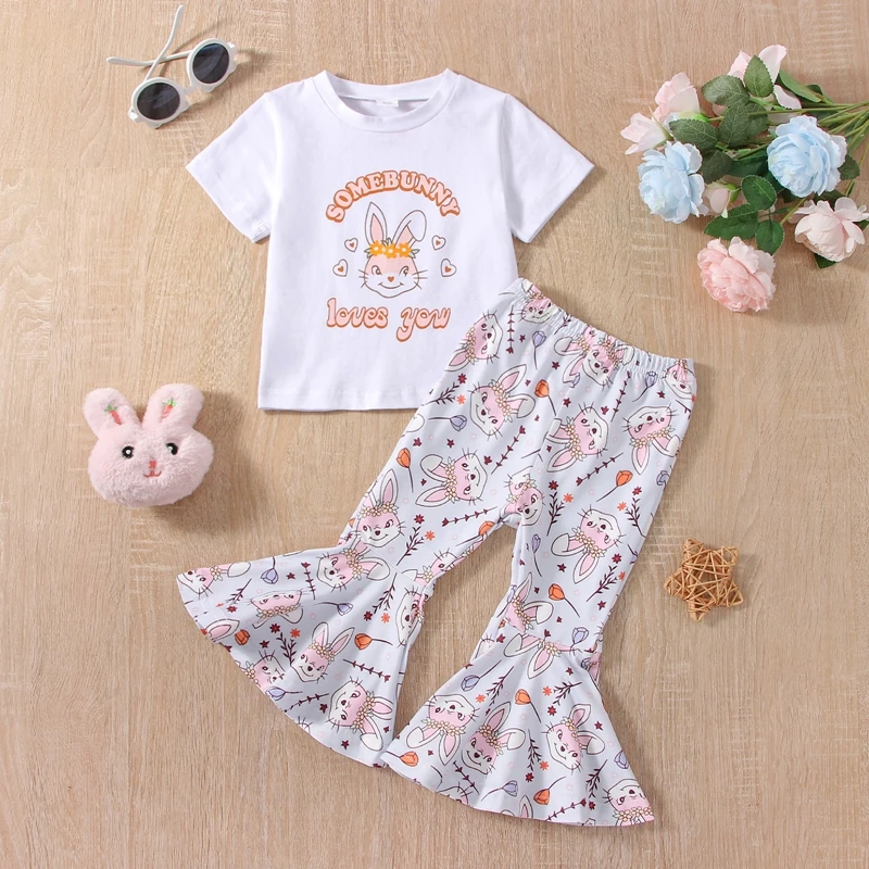 

Blotona Kids Girls Easter Pants Set, Short Sleeve Crew Neck Letters Print T-shirt with Rabbit Print Flared Pants 6Months-5Years