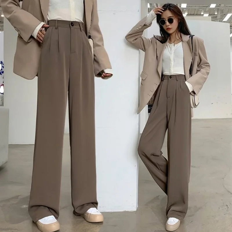 Spring Summer Women's Wide Leg Pants Korean Classic High Waist Straight Pants Loose Suit Office Trousers Female With Botton