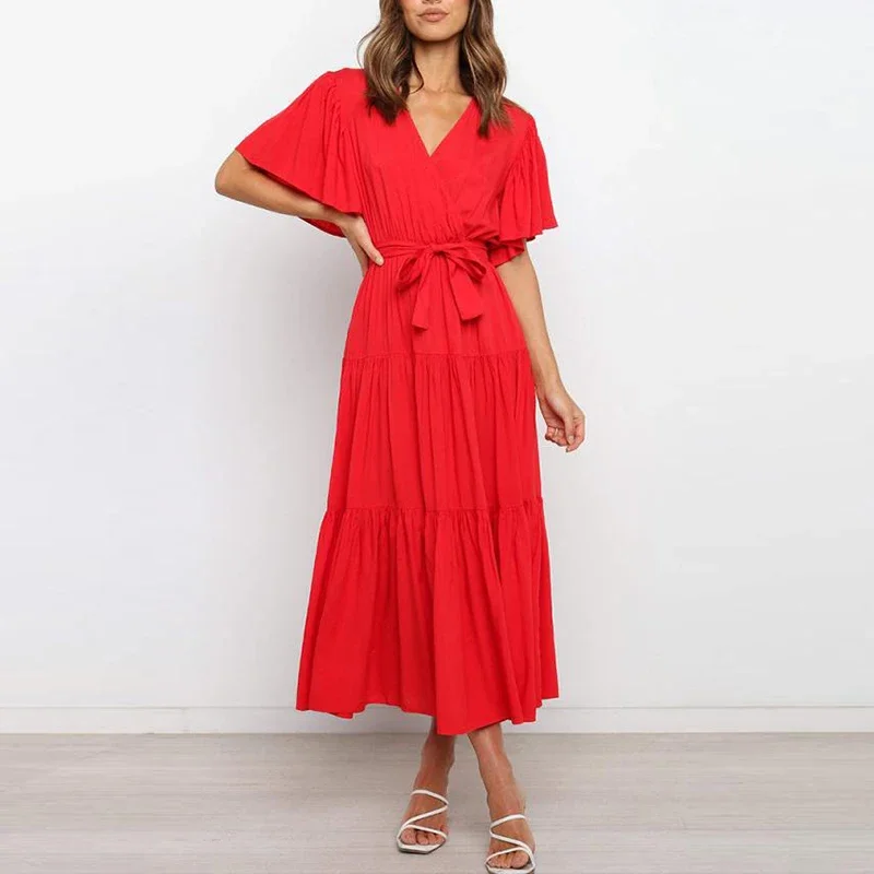 Платье-макси женское однотонное с коротким рукавом и высокой талией