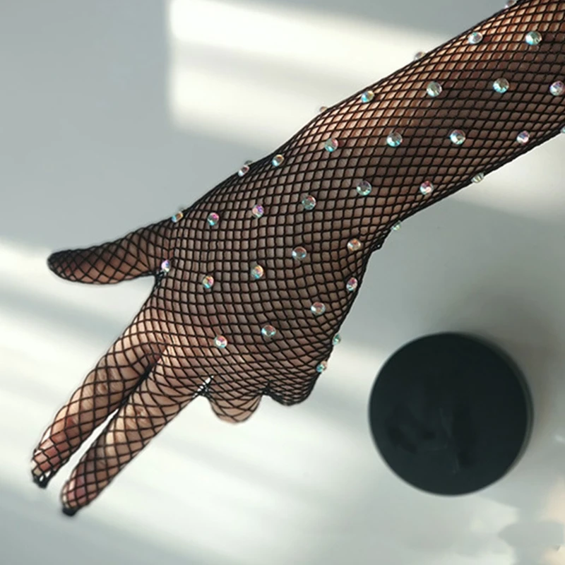 

1 Pair Mesh Full Finger Long Arm Sleeves Sexy Rhinestones Gloves for