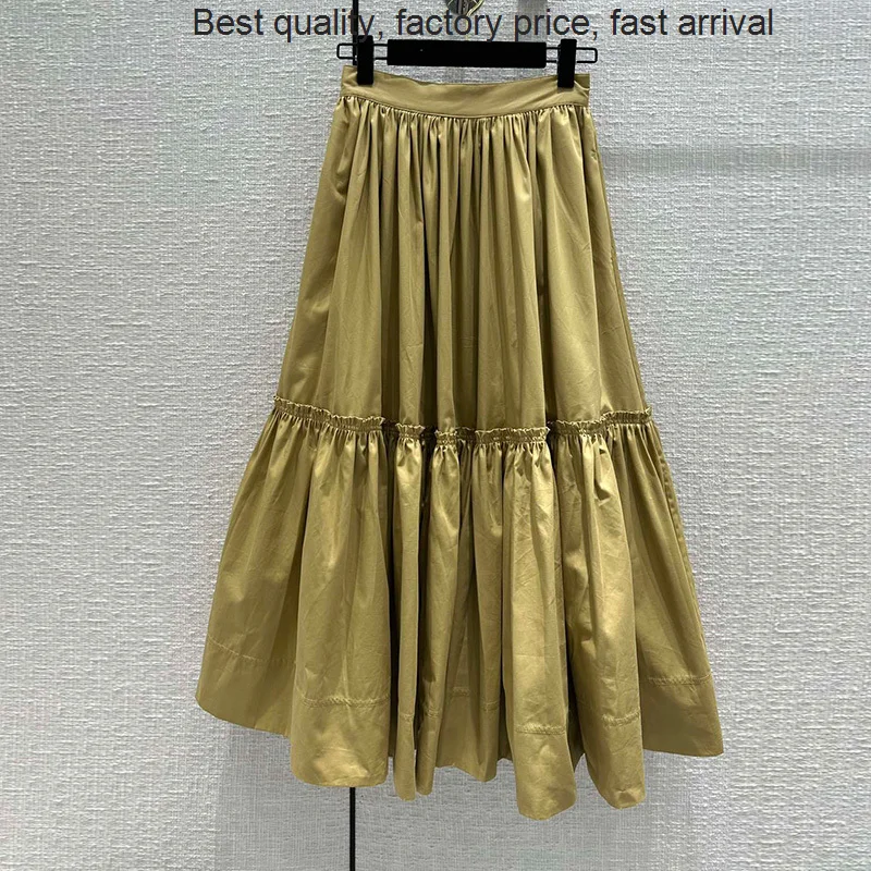 

quality luxury brand Runway Vintage Khaki Long Skirt Women Elegant Ruffles High Waist Cotton Pompon Maxi Skirts Female Fashion