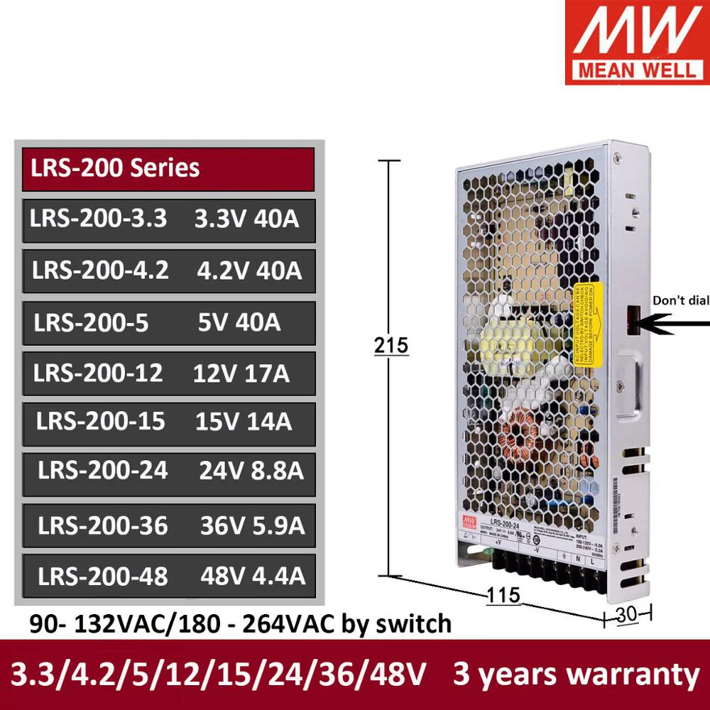 

Mean Well LRS-200 110/220V AC TO DC 3.3V 4.2V 5V 12V 15V 24V 36V 48V Single Output Switching Power Supply Meanwell LRS-200-24