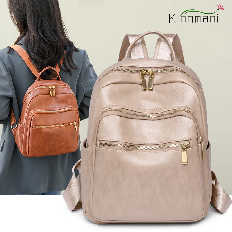 

High Quality Retro Soft Leather Women's Backpack Solid Color Casual Student School Bags Large Capacity Ladies Travel Backpacks