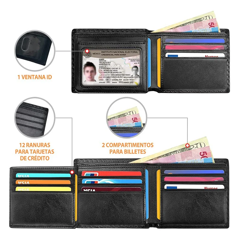 Small Men's Leather Trifold Wallet - 12 Card Slots - RFID Blocking