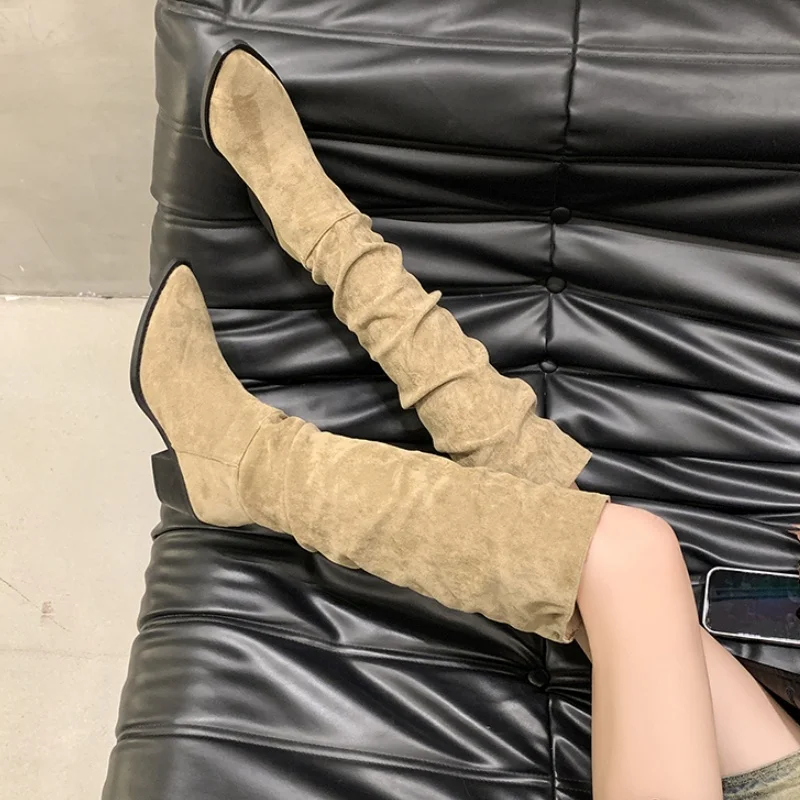 Плиссированные женские высокие сапоги замшевые туфли на среднем каблуке зима 2025