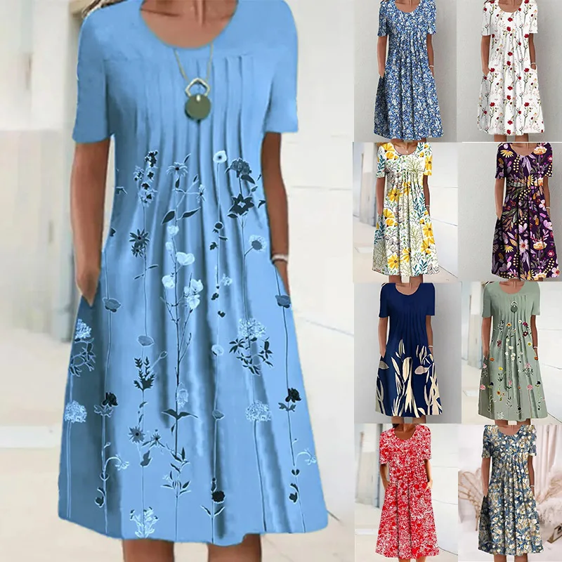 

Hot Women Loose Summer Floral Vintage Sexy Ruffles Pocket Befree Dress Large Big Boho Casual Party Elegant Midi Maxi Dresse