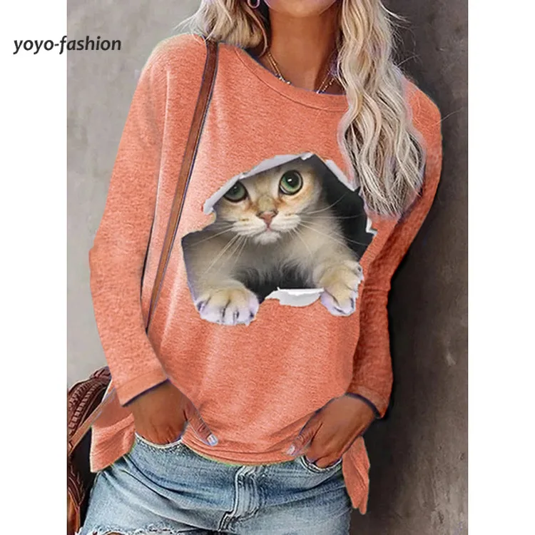 

Harajuku Printed Cat T Shirt Loose Blouse Fall Long Sleeve Top Plus Size Spring Women Fashion Pullover Casual Shirts Graphic Tee