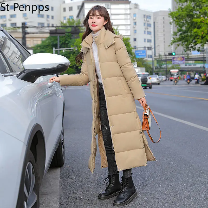 Новинка 2022 длинное зимнее пуховое пальто с капюшоном из хлопка женские