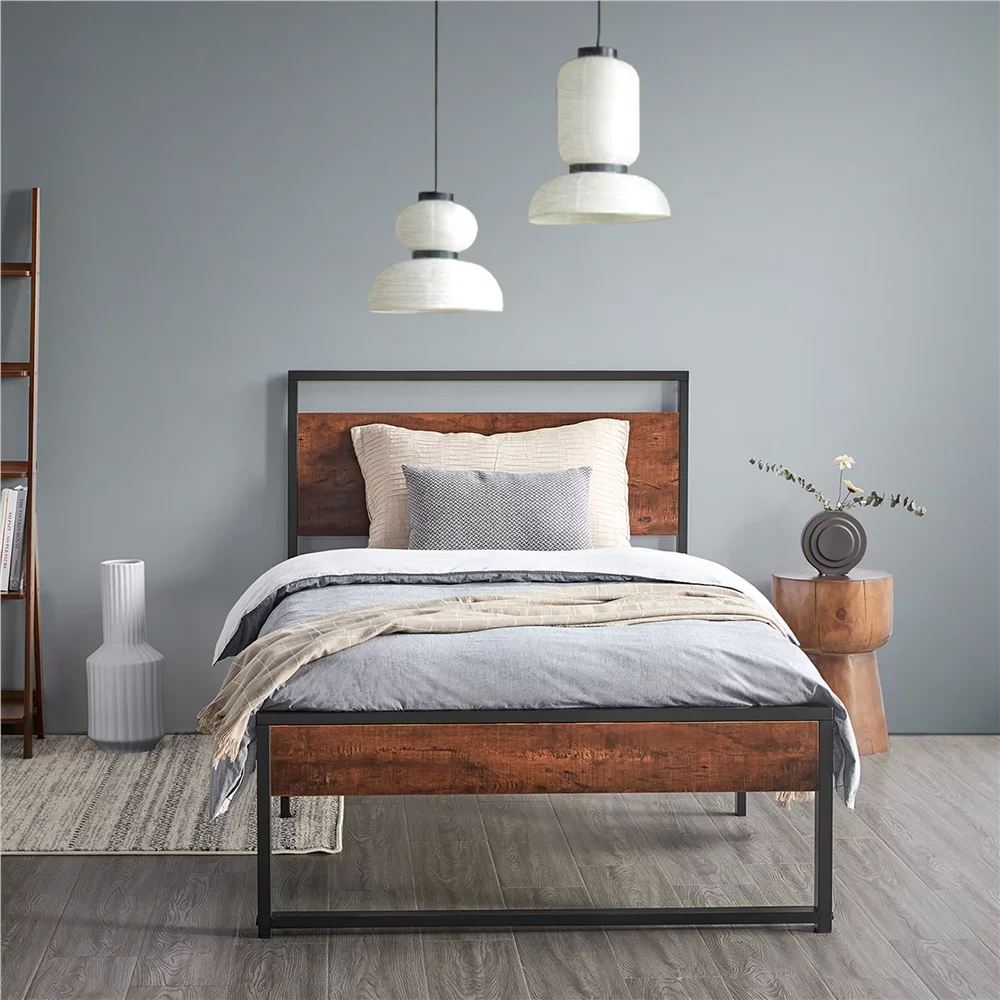 Base Platform Bed With Slat Support, Rustic Brown, Walnut
