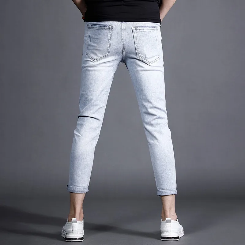 Summer Jeans Men Light Blue Ankle-Length Pants Ripped Patch Jean Streetwear Fashion Lightweight Slim Fit Denim Trousers