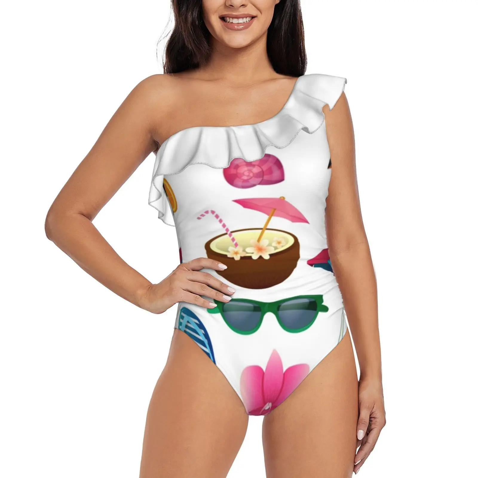 

Набор тропических элементов: коктейли, цветы, солнцезащитные очки, купальник на одно плечо с оборками, цельный пляжный купальный костюм с принтом, сексуальный