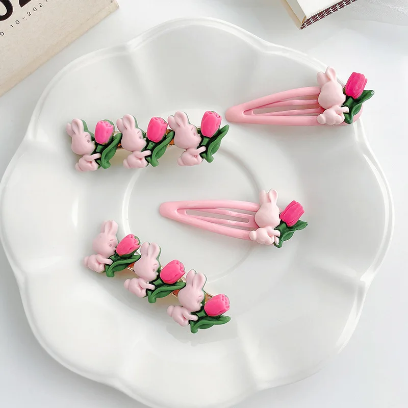 

2PCS New Cartoon Pink Rabbit Tulip Earrings Sweet Girl Summer Earrings Cute Flower Ear Clips Beautiful Jewelry