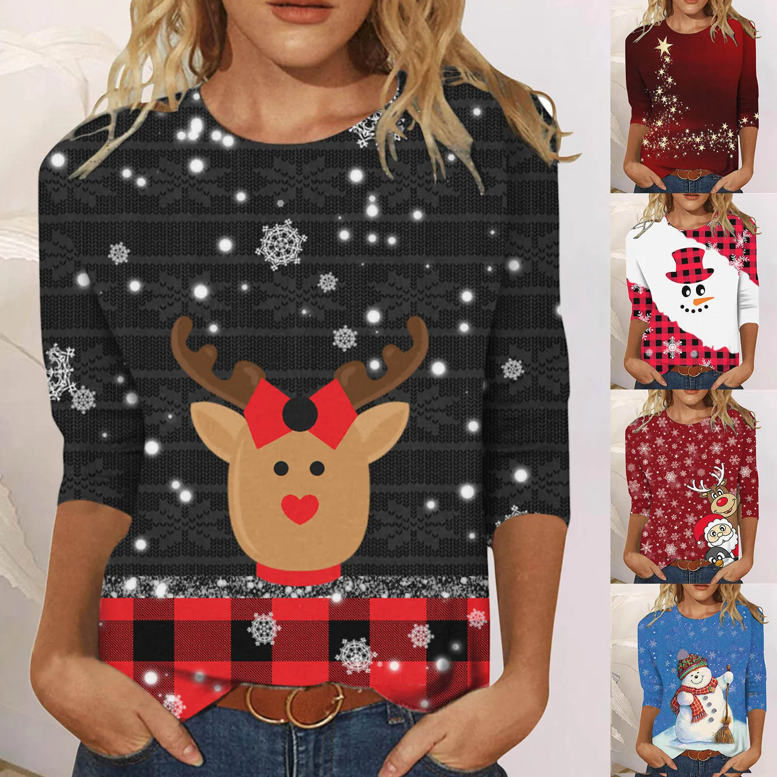 

Tops For Womens Casual Summer Tops Three Quarter Sleeve Round Neck Tee T Shirt Christmas Printed Loose Side Split Exercise Wear