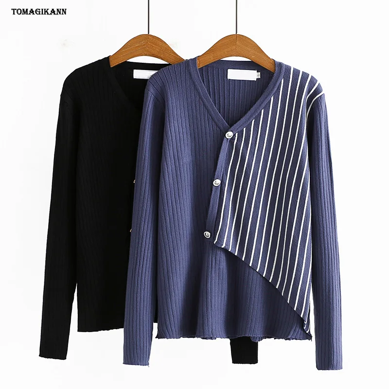 

Women Striped Hit Color Sweater Autumn V Neck Oblique Breasted Full Sleeve Ladies Knitted Sweater Clothing Tops