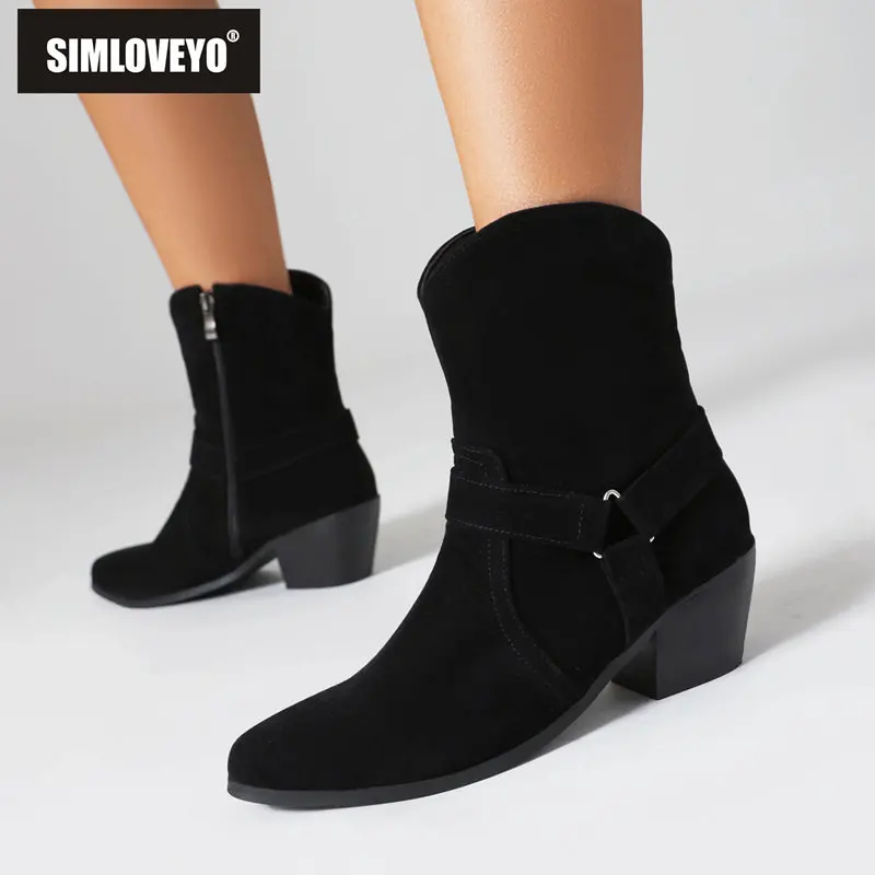 SIMLOVEYO женские ботильоны из флока с круглым носком на массивном каблуке декор