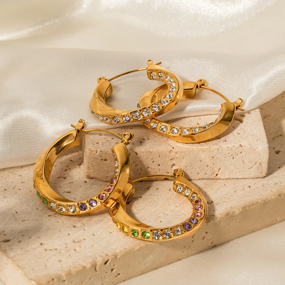 Stainless Steel PVD 18K Gold Plated Tarnish Waterproof Zircon Twist Hoop Earrings For Woman Jewelry Wholesale Trendy