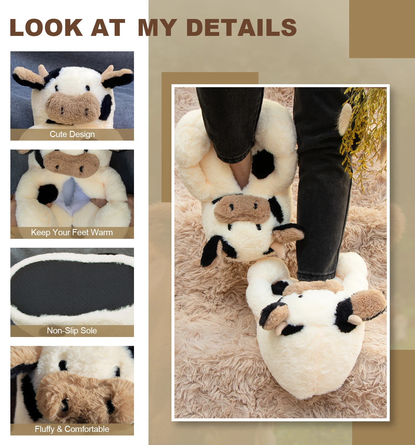 Womens Cute Teddy Bears Slippers Warm Fuzzy House Slipper Animal Slippers Home Fluffy Cow Slippers for Women Men Brithday Gifts