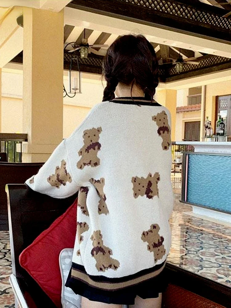 

Woherb осенний Женский вязаный свитер, кардиган с медведем, милые топы, Корейская японская мода, вязаный крючком Топ в стиле Харадзюку, Свободный кардиган