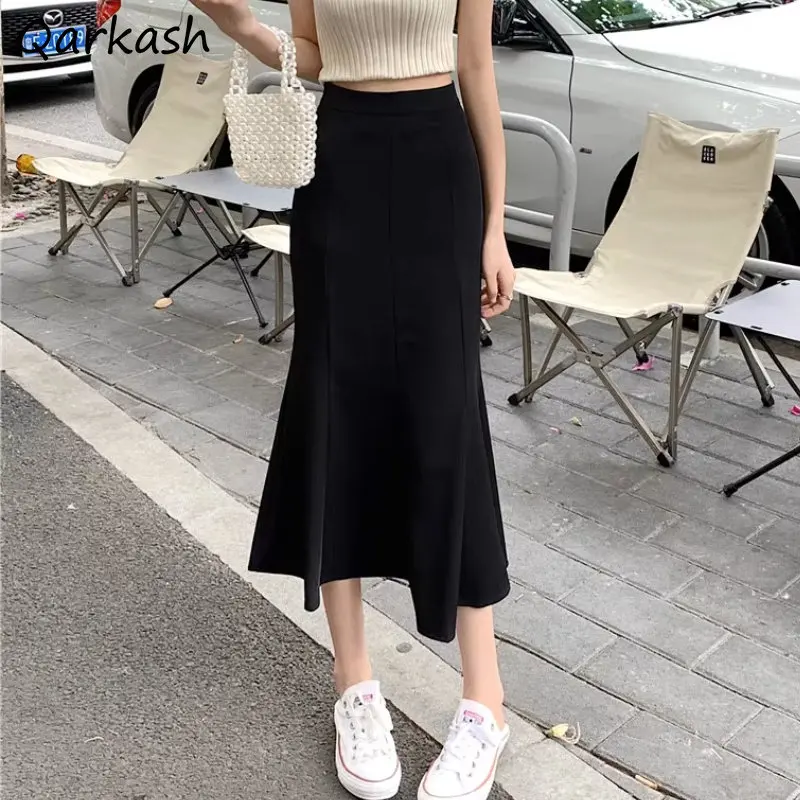 

Юбка Женская средней длины с завышенной талией, элегантная пикантная винтажная простая повседневная в Корейском стиле, чёрная уличная одежда, на лето