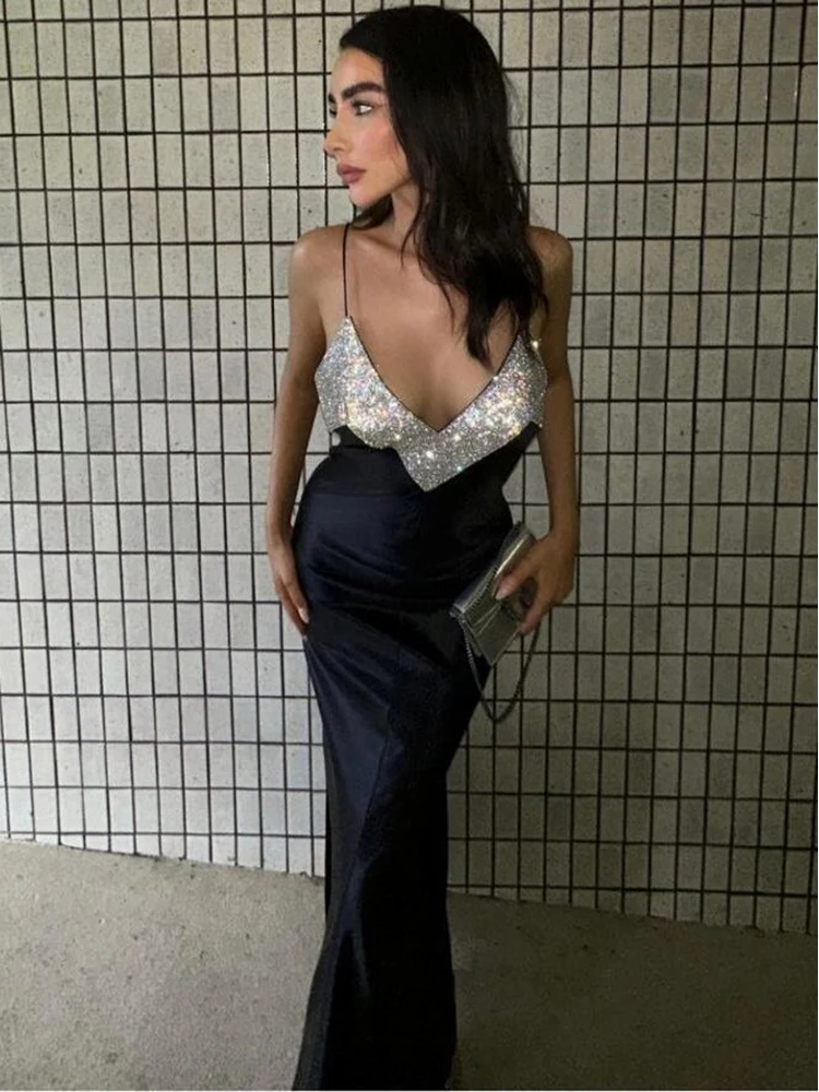 

BEVENCCEL Sexy Sleeveless Deep V Neck Diamond Long Bandage Dress Women Black Spaghetti Strap Backless Crystal Party Evening Dre