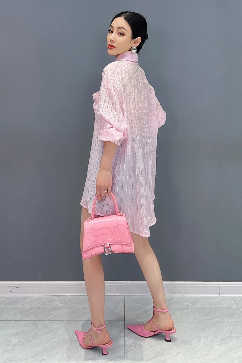 Женская рубашка с отложным воротником QING MO розовая Повседневная модная длинными