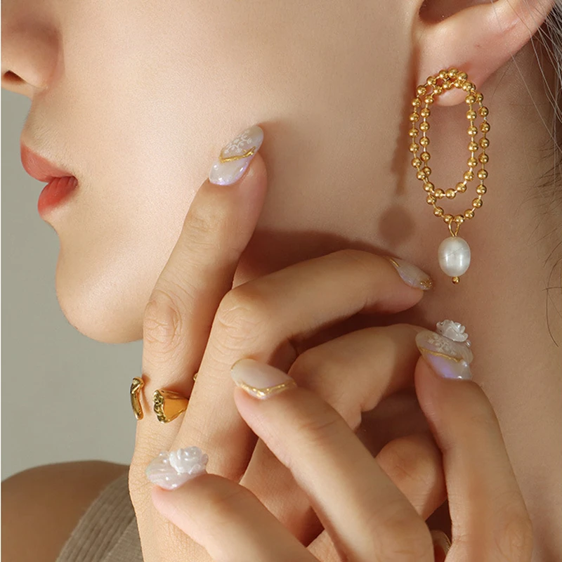 

Beades Chain Pearl Earrings for Women Natural Freshwater Pearl Tassel Earring Vintage 18K Gold Plated Stainless Steel Earrings
