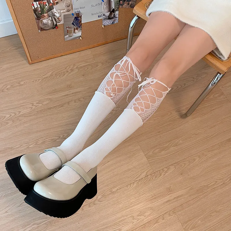 

Сексуальные кружевные сетчатые чулки для женщин Y2k, бандажные гольфы для девочек с бантом JK в японском стиле, милые длинные носки в стиле "Лолита", чулки