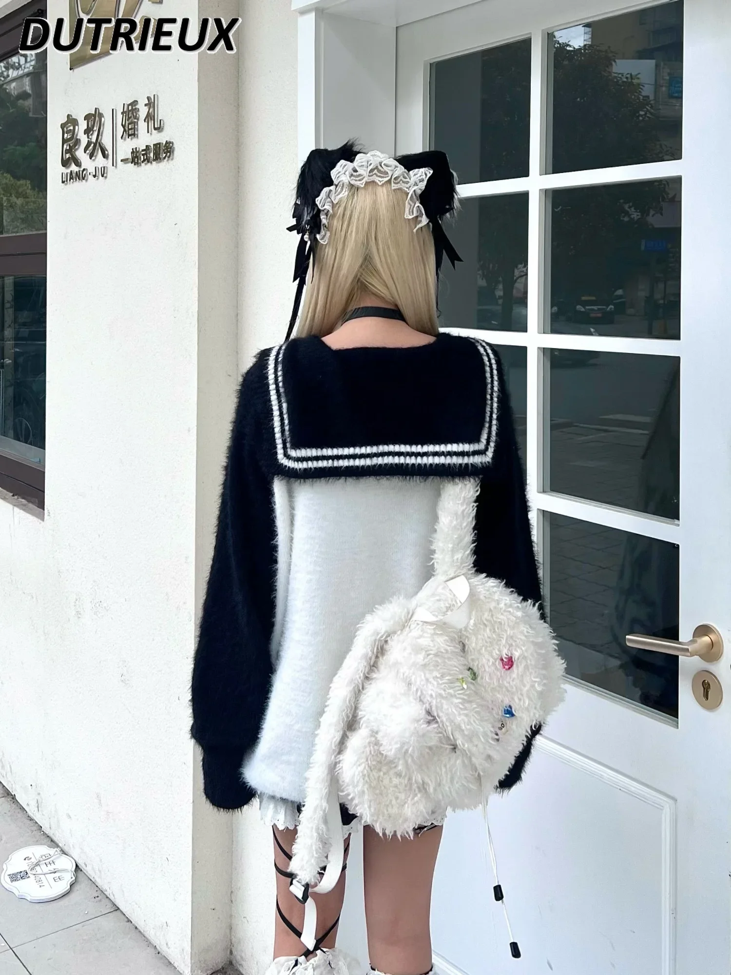 Оригинальный темно-синий милый свитер с воротником для девочек осень-зима мягкий