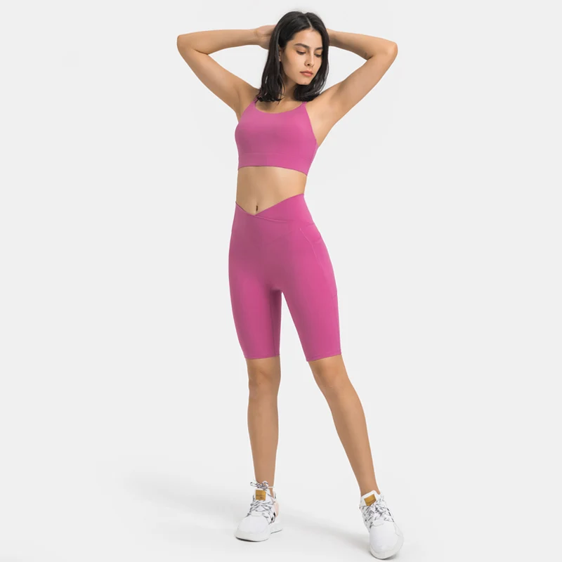 

SALSPOR Pockets Yoga Shorts Set Women Seamless Sports Set Gym High Waist Workout Shorts Push Up Bra Fitness Suit Sportswear