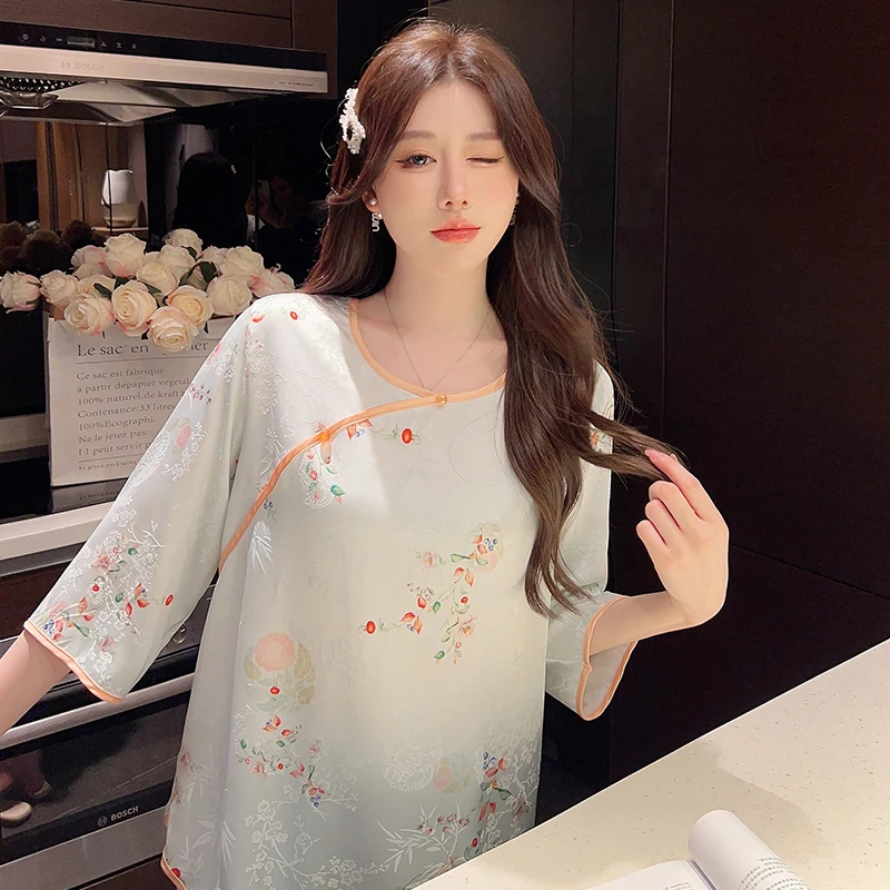 Funishi Summer Sleepwear Ice Silk Women's Pajamas Cardigan lace Cute пижама женская Tang style Cardigan Suit Sweet