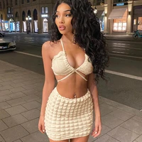 summer lace up halter suspender skirt bubble casual dress set deep v solid backless sleeveless matching set club wear
