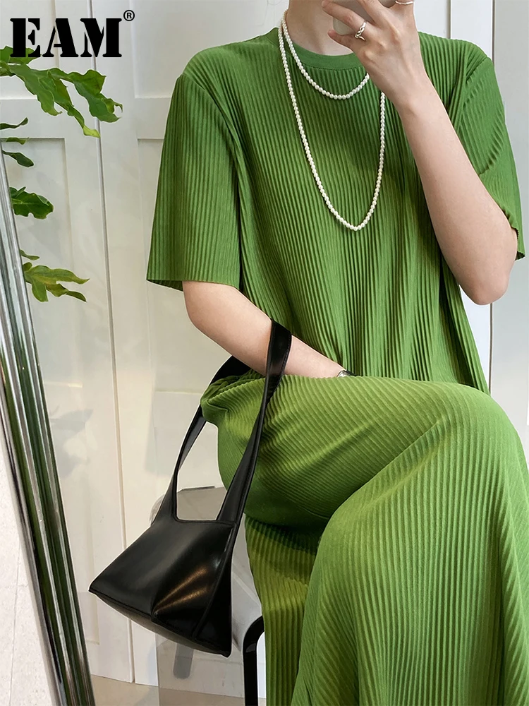 

[EAM] Women Green Pleated Long Big Size Dress New Round Neck Short Sleeve Loose Fit Fashion Tide Spring Summer 2023 1DE8786