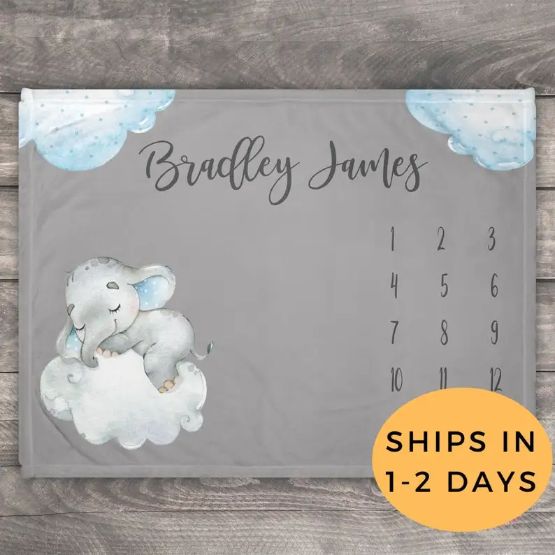 

Personalized Grey Baby Blanket With Elephant, Milestone Blanket, Month Baby Blanket, Baby Gift Growth Chart, Newborn Photo Prop,