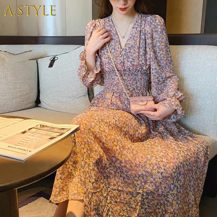 

A GIRLS Long Flare Sleeve Dress Women S-3xl V-neck Tunic Ankle-length Ladies Elegant Floral Chiffon Spring Sweet Holiday Ins New