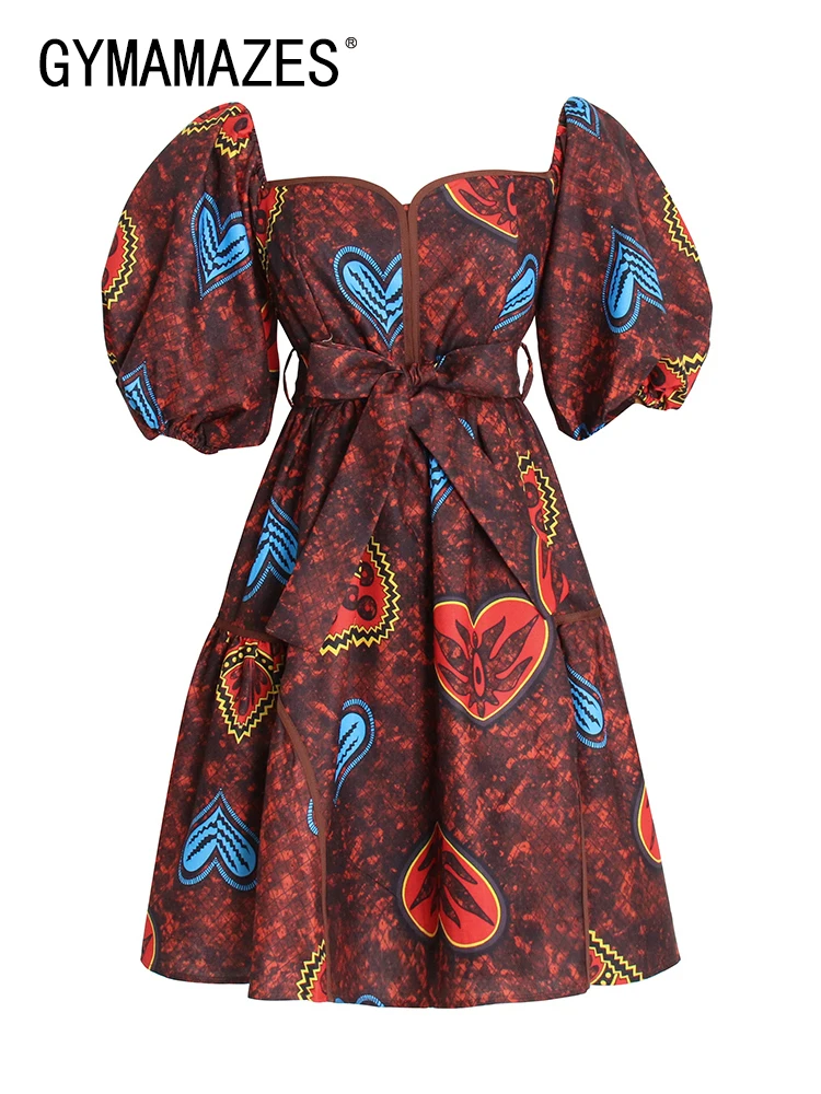 

GYMAMAZES Vintage Print Dress For Women Square Collar Short Puff Sleeve High Waist Colorblock Dresses Female 2022 Summer Clothes
