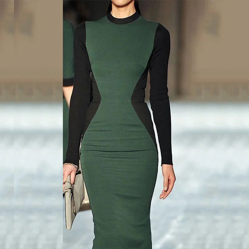 

Green Simple Skinny Patchwork Long Sleeve Midi Dress Office Lady Spring Autumn Plus Size Boydcon Midi Dress Elegant Women 2022