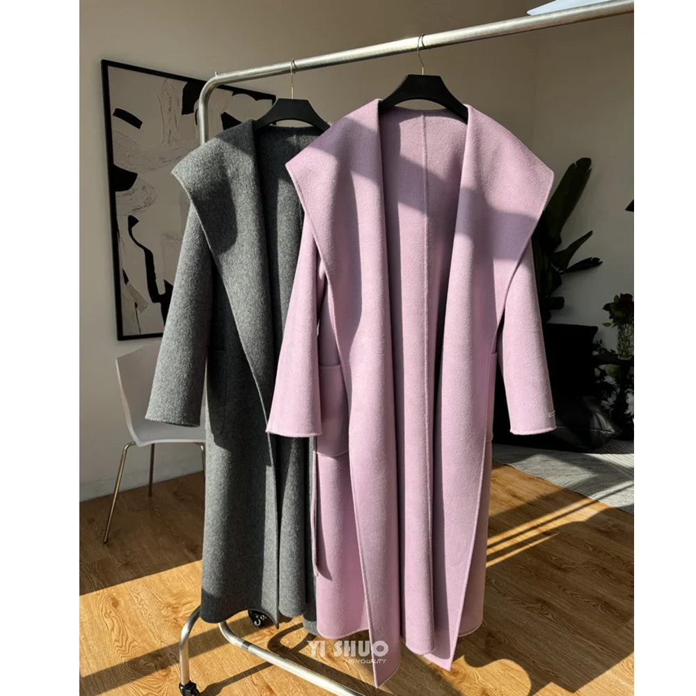 Женское длинное шерстяное пальто с капюшоном