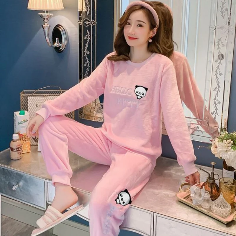 New Winter Women's Pajama Suit Warm Flannel Pajamas Coral Velvet Sleep Top Korean Fashion Home Clothes Basics