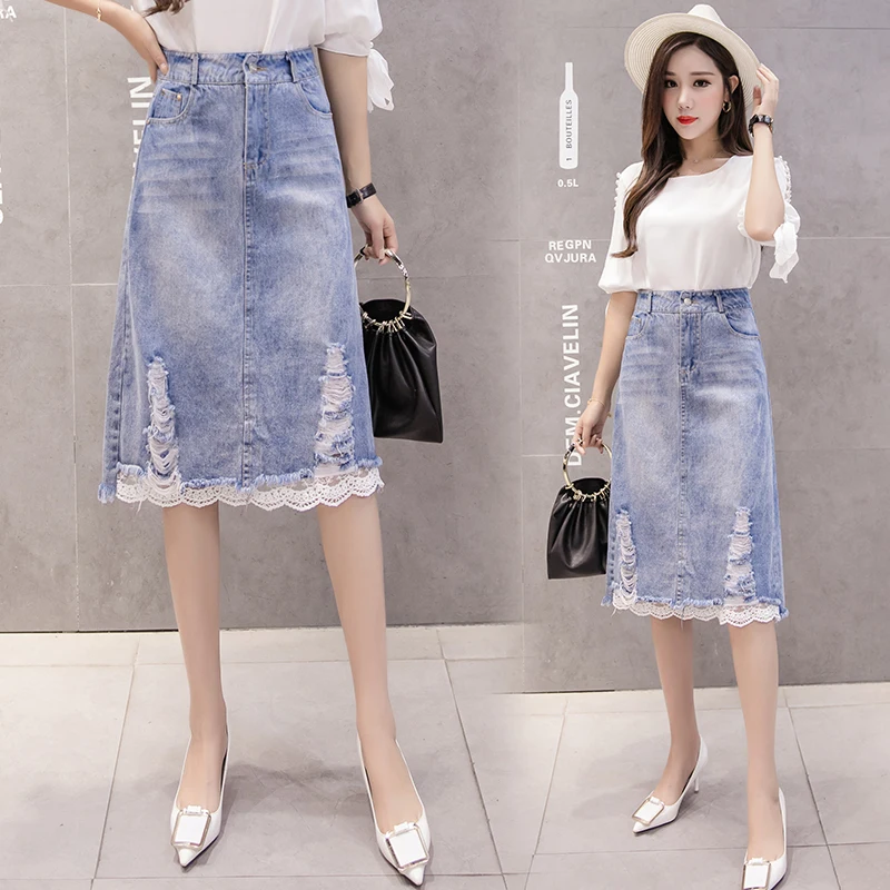 

Ladies Mid Length Streetwear Hole Lace Stitching Denim Skirt Women Casual High Waist Slim Jeans Skirts Korean Fashion Clothing