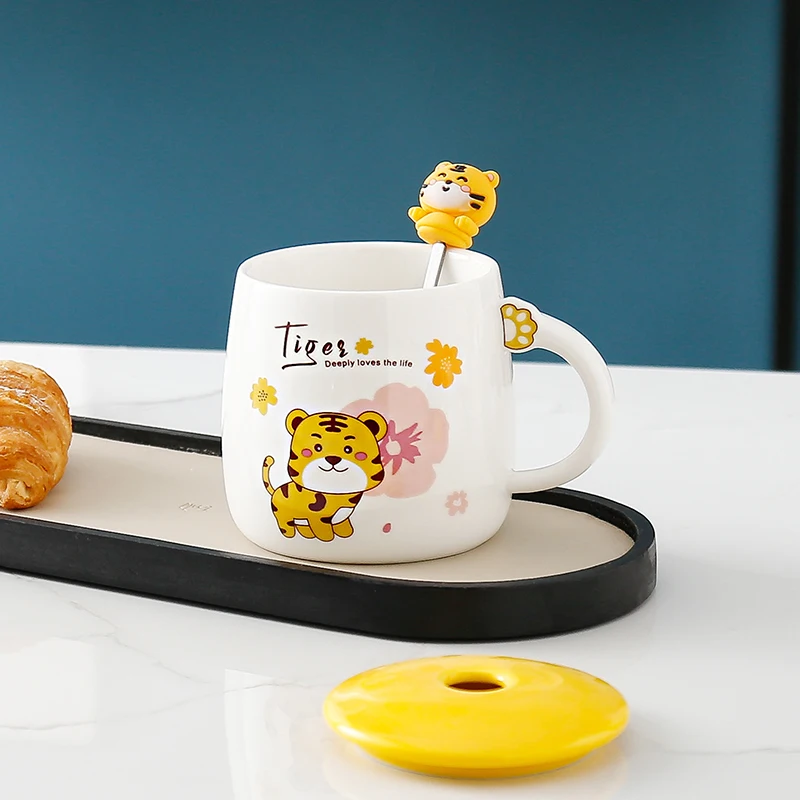 

New Year Of The Tiger Personality Ceramic Mug With Lid Spoon Cute Couple Creative Trend Home Coffee Cup