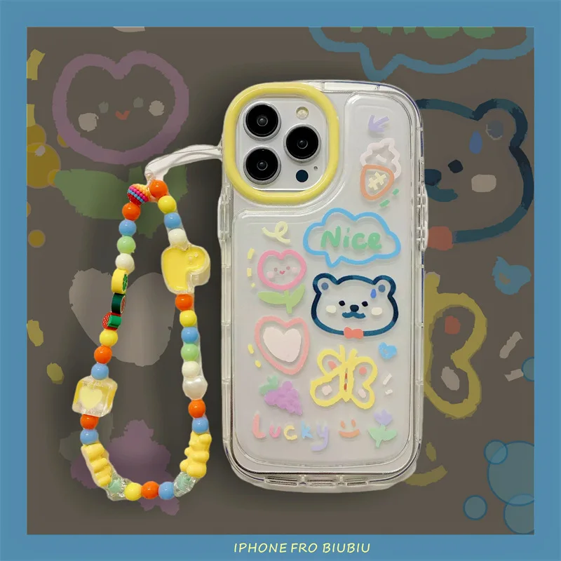 

Graffiti Butterfly Bear Chain Phone Case Cover for IPhone 11 12 13 Pro X XR XS Max Shockproof Case for IPhone 13 Cases
