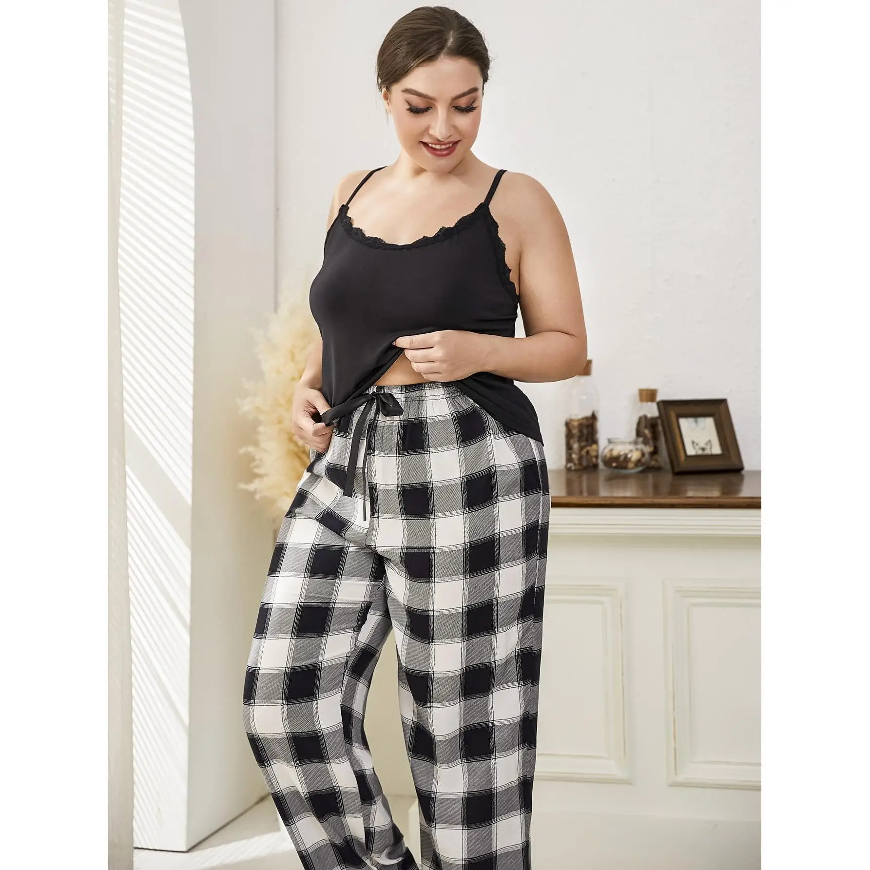 Summer V-Neck Sleepwear Suit Flounce Pullover Back T-shirt Top With Black White Plaid Female Pants Homewear Casual Wear 4XL